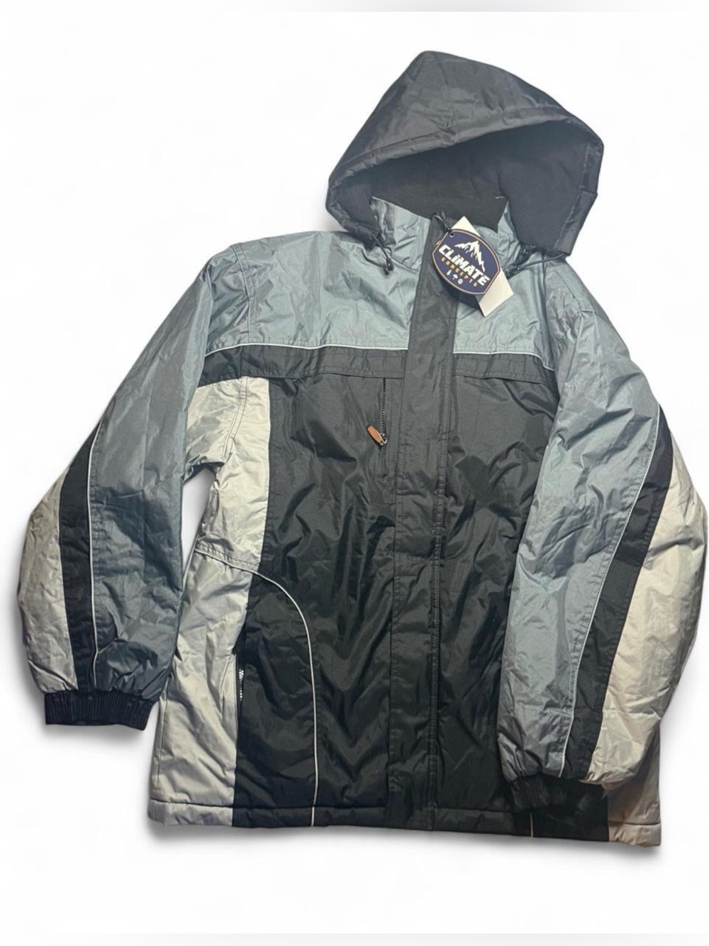 Climate Hooded Puffer Jacket in Black and Gray